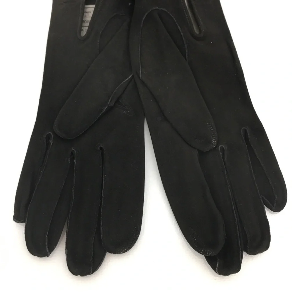 Vintage Kay Fuchs Faux Suede Leather Gloves Black 66378 Made in France